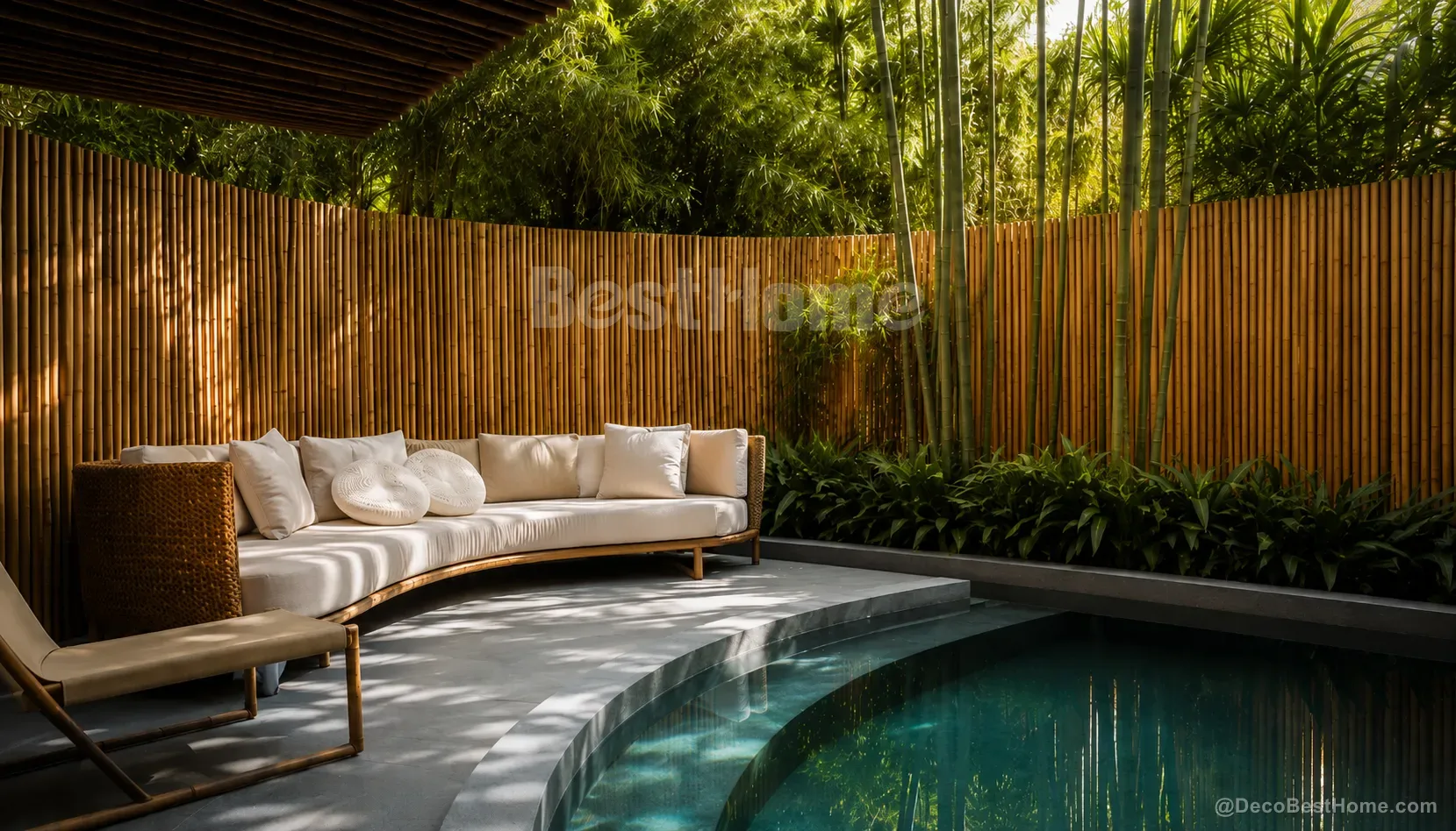 Natural bamboo privacy fence framing a calm garden